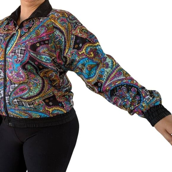 Vintage 80s Windbreaker Jacket Black Paisley  Reversible Bomber Coat Size S Tren - Picture 11 of 13